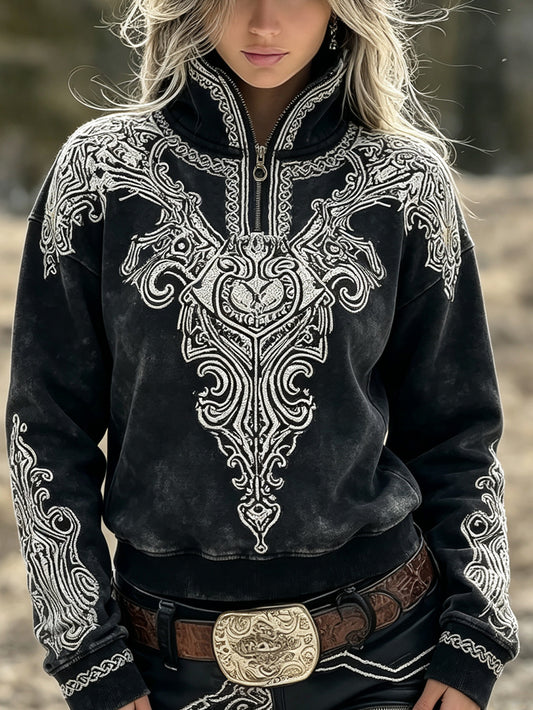 Kvinnor retro Viking ving element tryckt avslappnad halv blixtlås sweatshirt