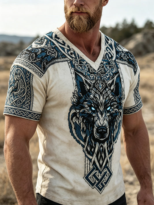 Mäns retro Viking varg huvud mönster tryckt avslappnad T-shirt