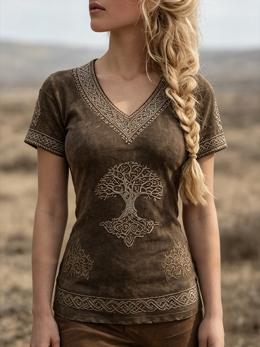 Damens retro Viking Life Tree mönster tryckt avslappnad kort ärm T-shirt