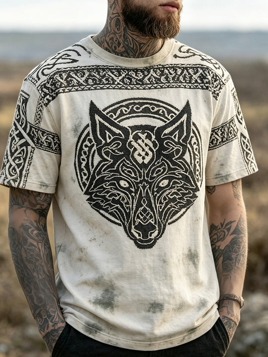 Herrlig retro-vikingatröja med vargansiktsmönster, tryckt på casual kortärmad t-shirt