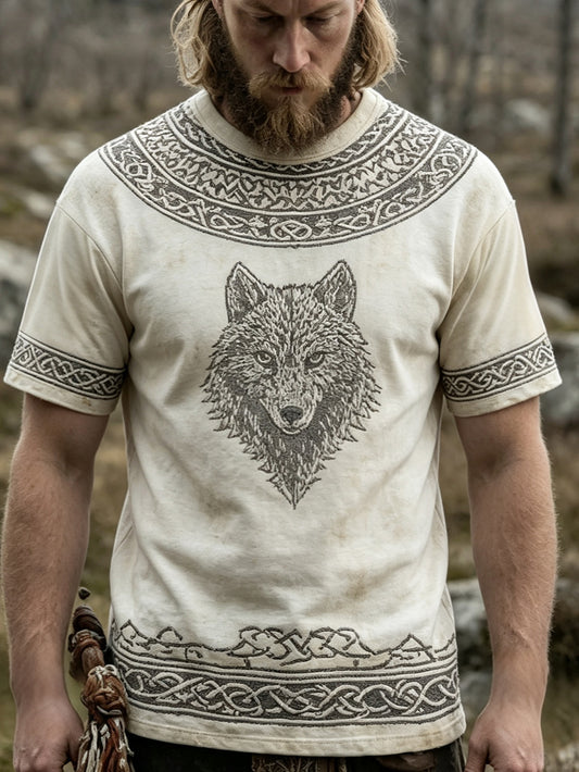 Herrlig retro-vikingatröja med vargansiktsmönster, tryckt på casual kortärmad t-shirt