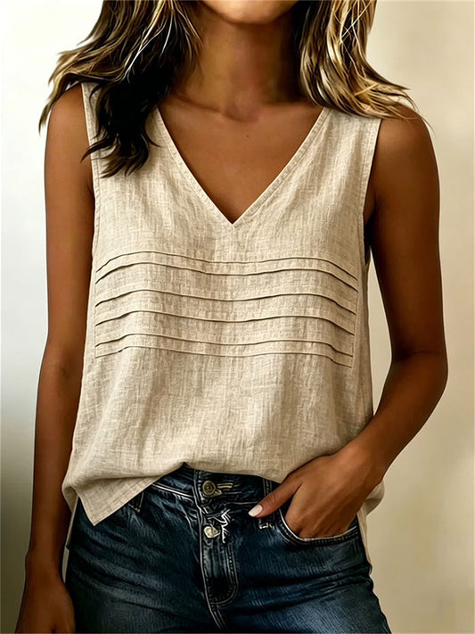 Kvinnors enkel pintucked V hals linne Tank Topp