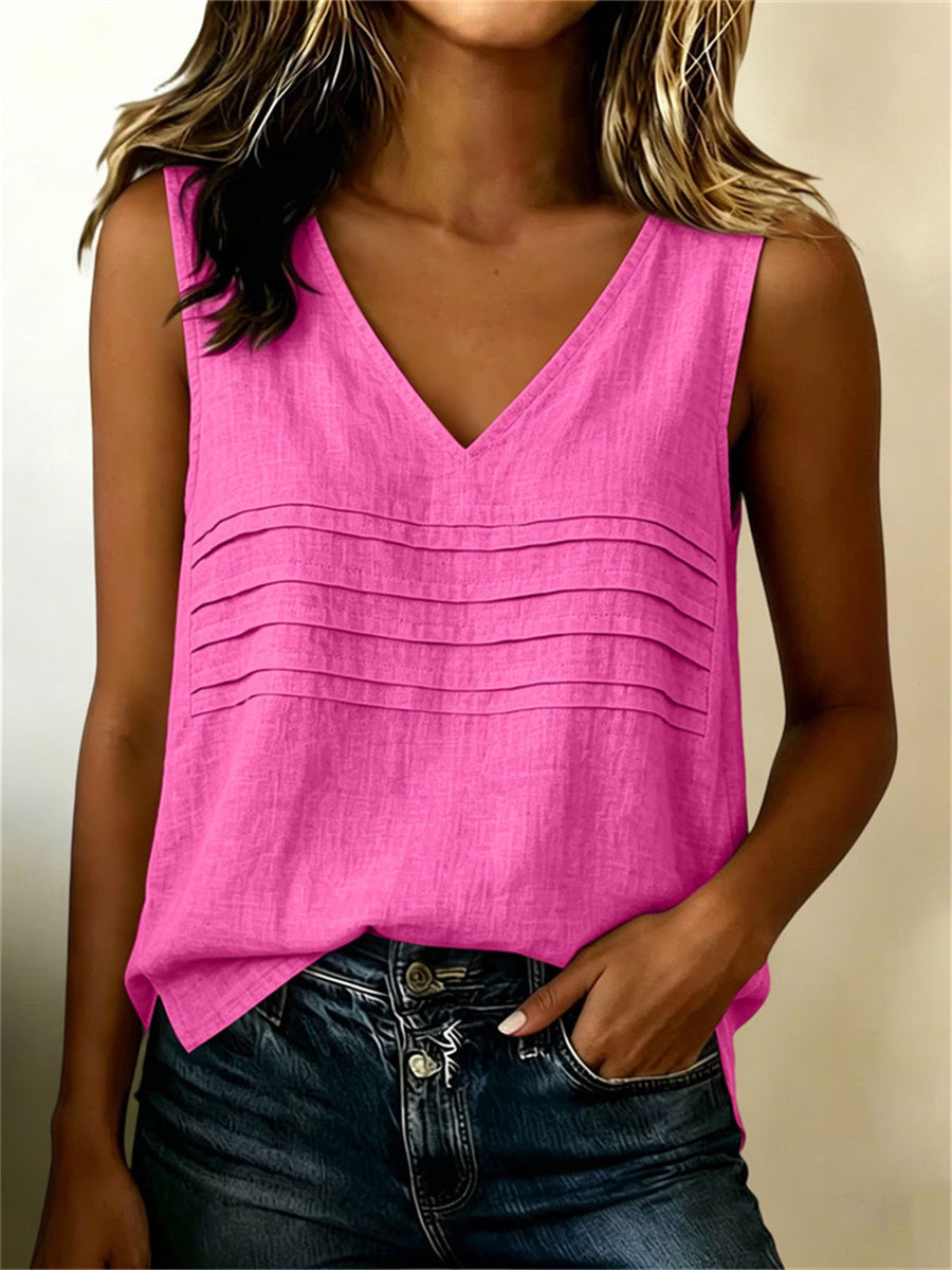 Kvinnors enkel pintucked V hals linne Tank Topp