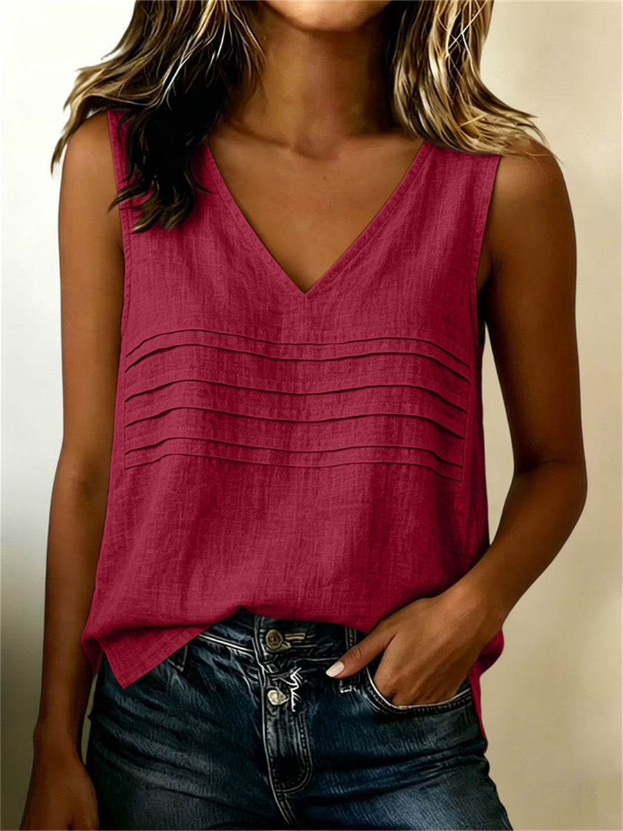 Kvinnors enkel pintucked V hals linne Tank Topp