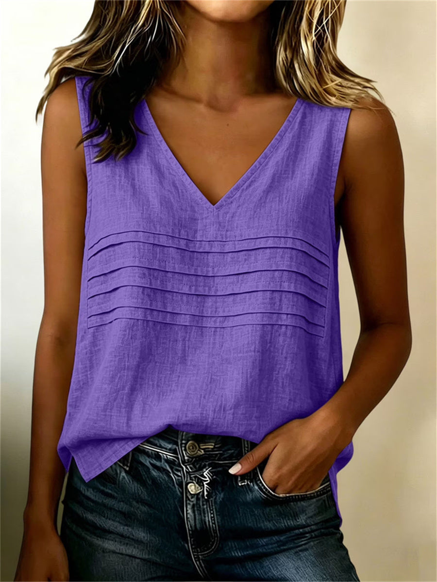 Kvinnors enkel pintucked V hals linne Tank Topp