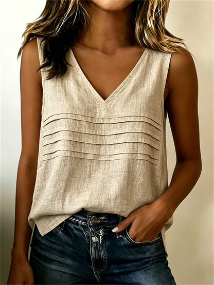 Kvinnors enkel pintucked V hals linne Tank Topp