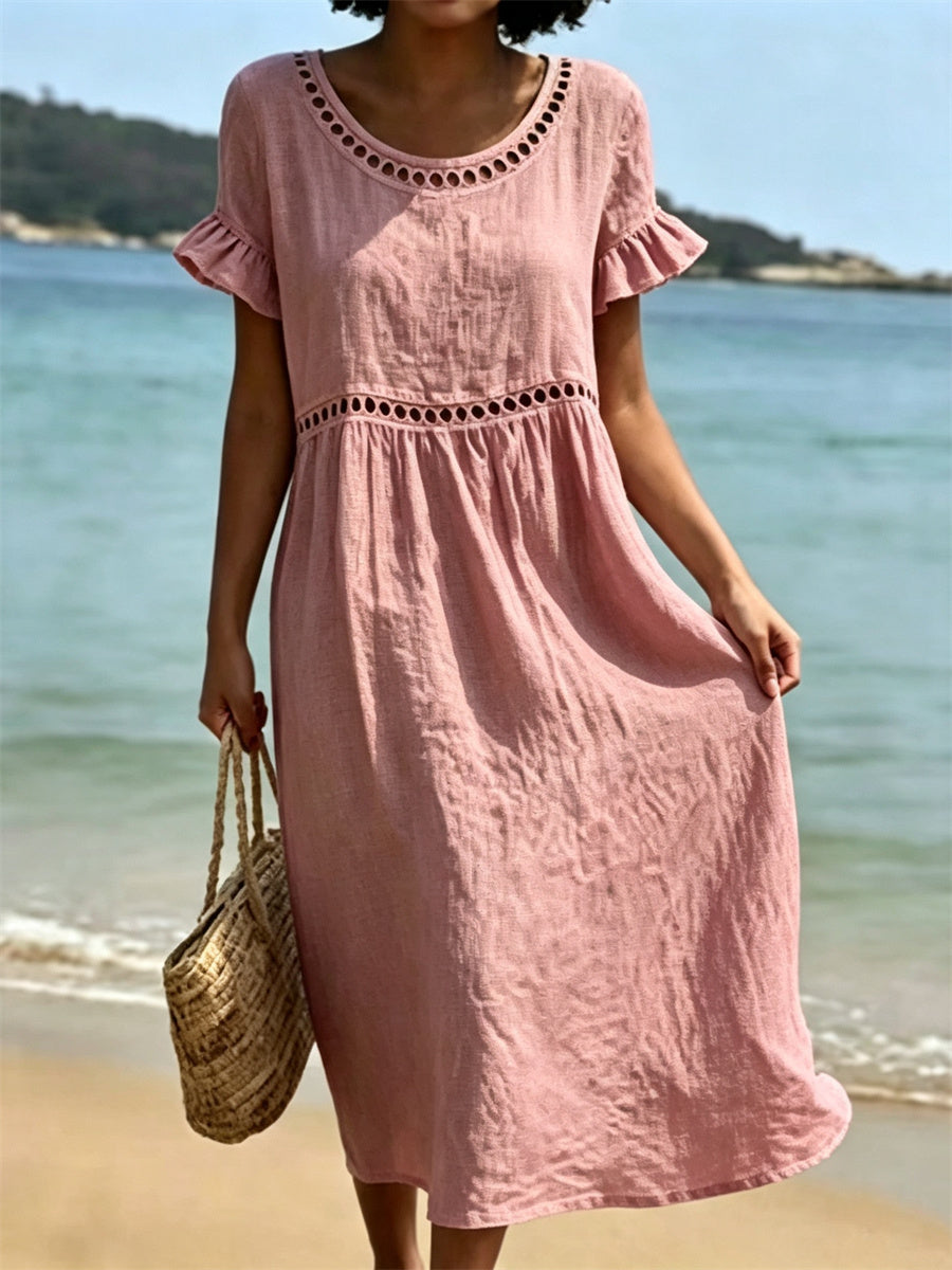 Kvinnor Ruffle ärm Casual Flowy linne Midi Klänning