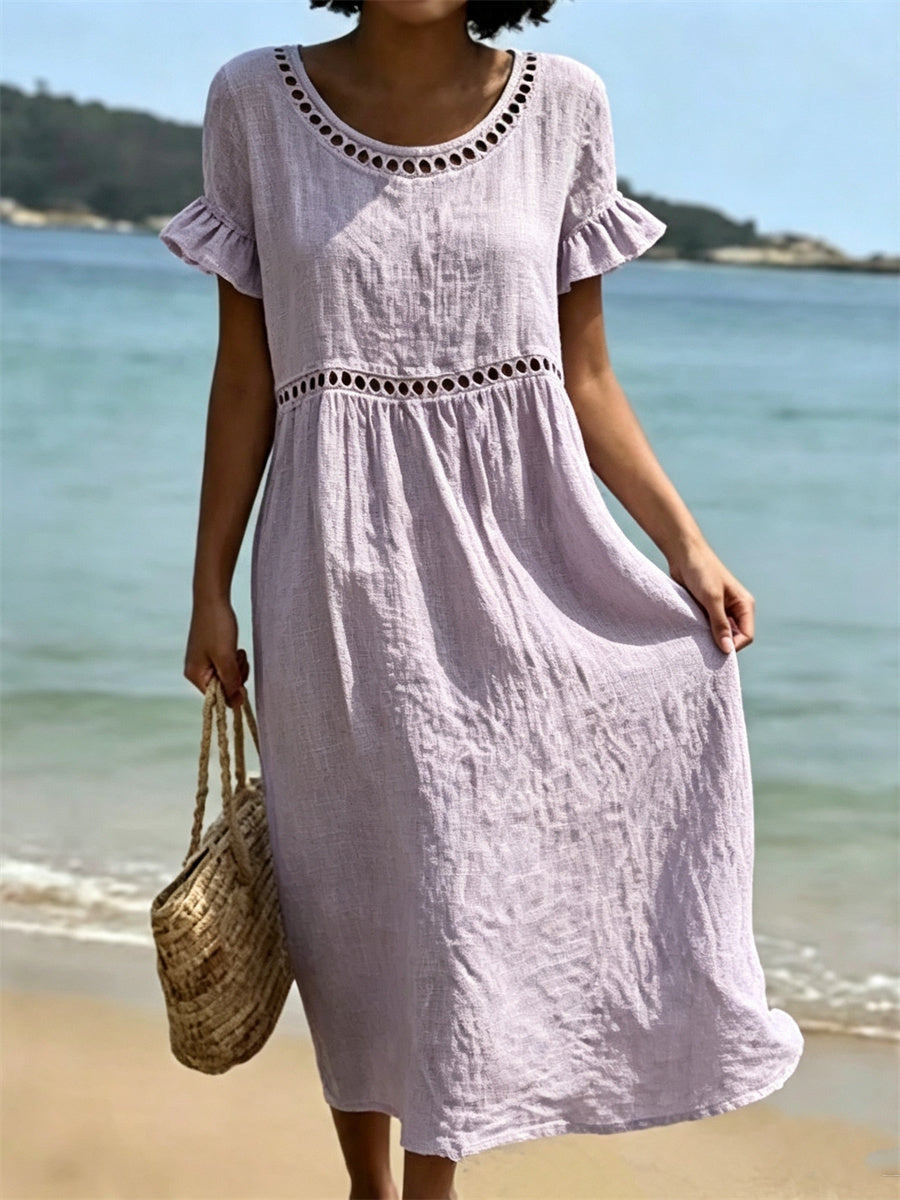 Kvinnor Ruffle ärm Casual Flowy linne Midi Klänning