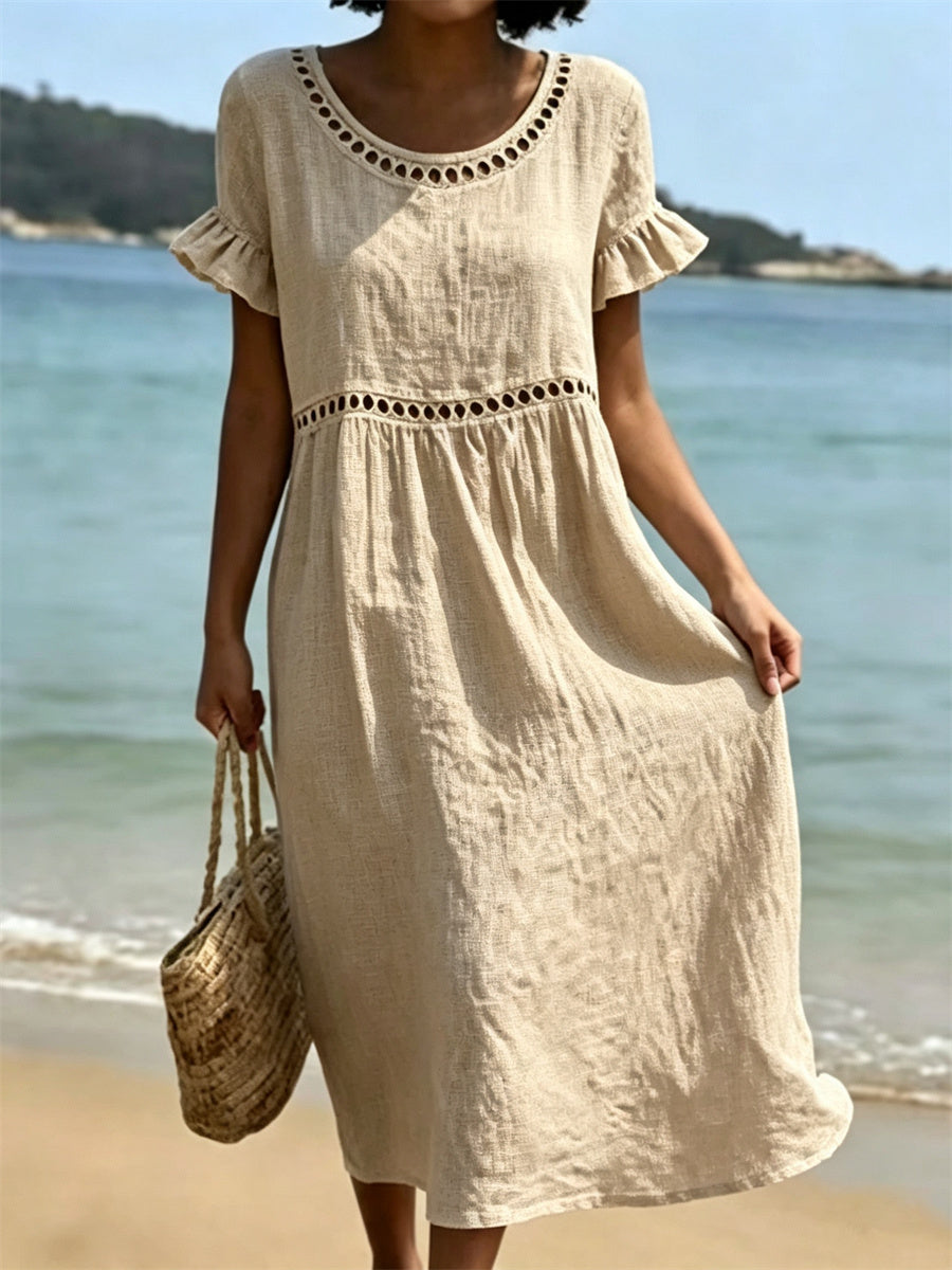 Kvinnor Ruffle ärm Casual Flowy linne Midi Klänning