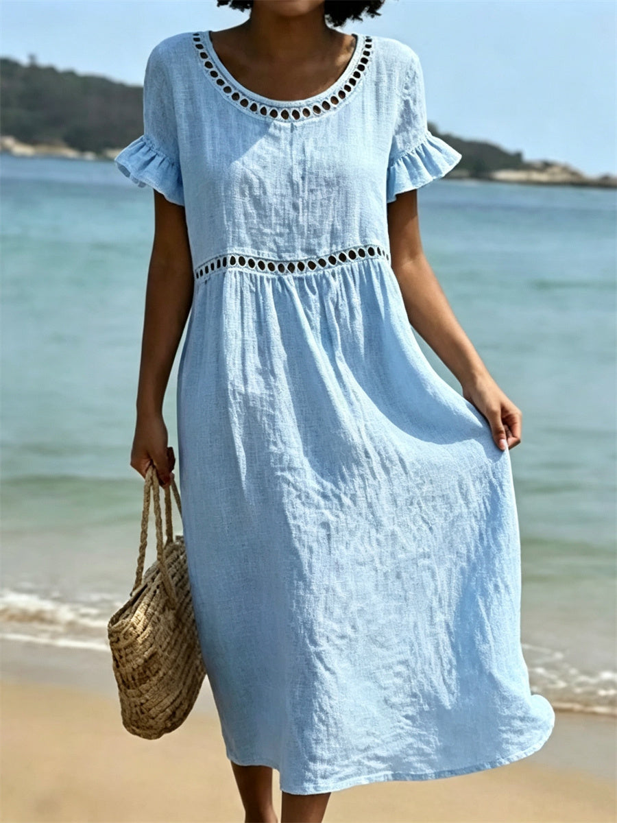 Kvinnor Ruffle ärm Casual Flowy linne Midi Klänning