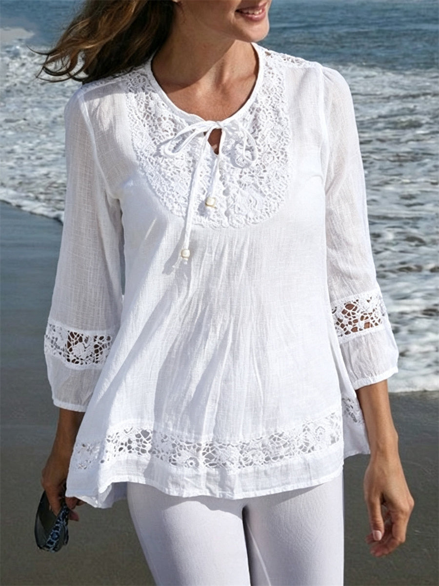 Kvinnor Boho spets Patchwork knutna Flowy linn tunik