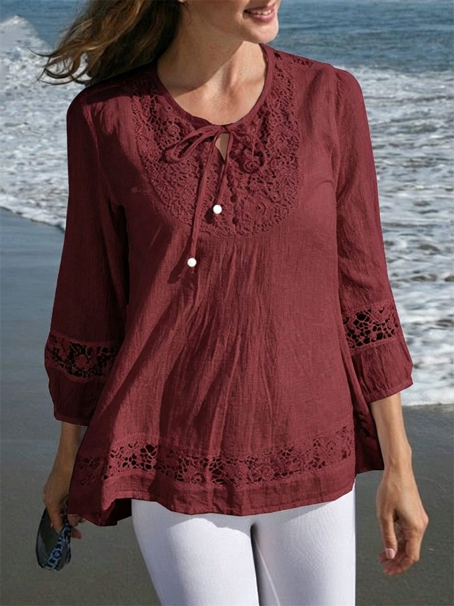 Kvinnor Boho spets Patchwork knutna Flowy linn tunik