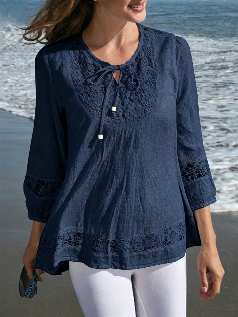 Kvinnor Boho spets Patchwork knutna Flowy linn tunik