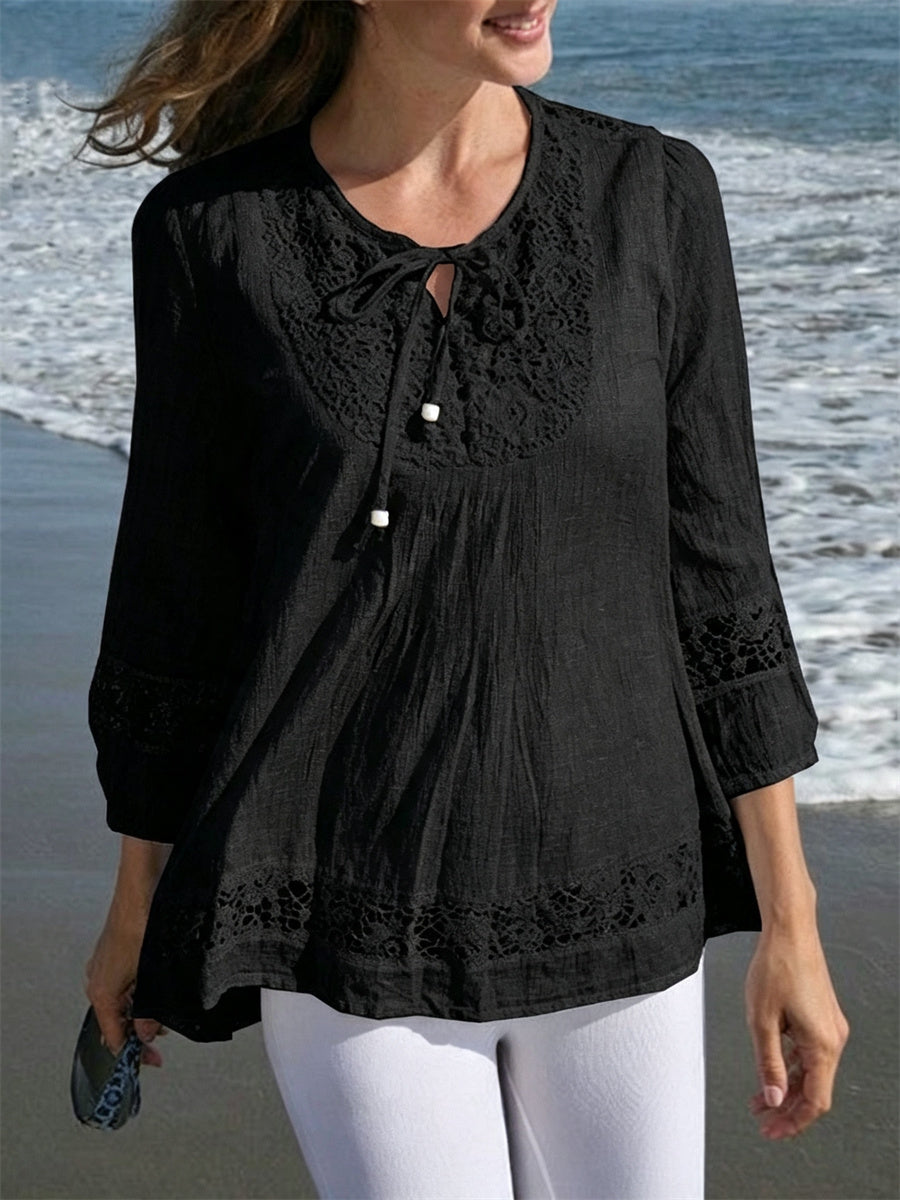 Kvinnor Boho spets Patchwork knutna Flowy linn tunik