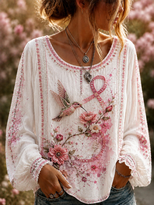 Kvinnors bröstcancer medvetenhet Hummingbird Floral Art Topp