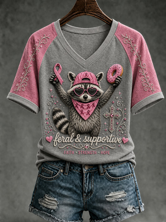 Bröstcancer medvetenhet Pink Ribbon T-shirt med Raccoon V-Hack Design.