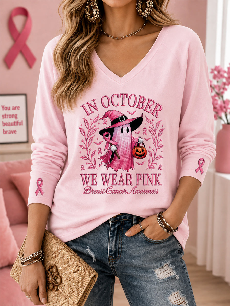 Kvinnors oktoberklädsel – Halloween-t-shirt i rosa med spöktryck, bröstcancermedvetandeband och V-ringning samt lång ärm