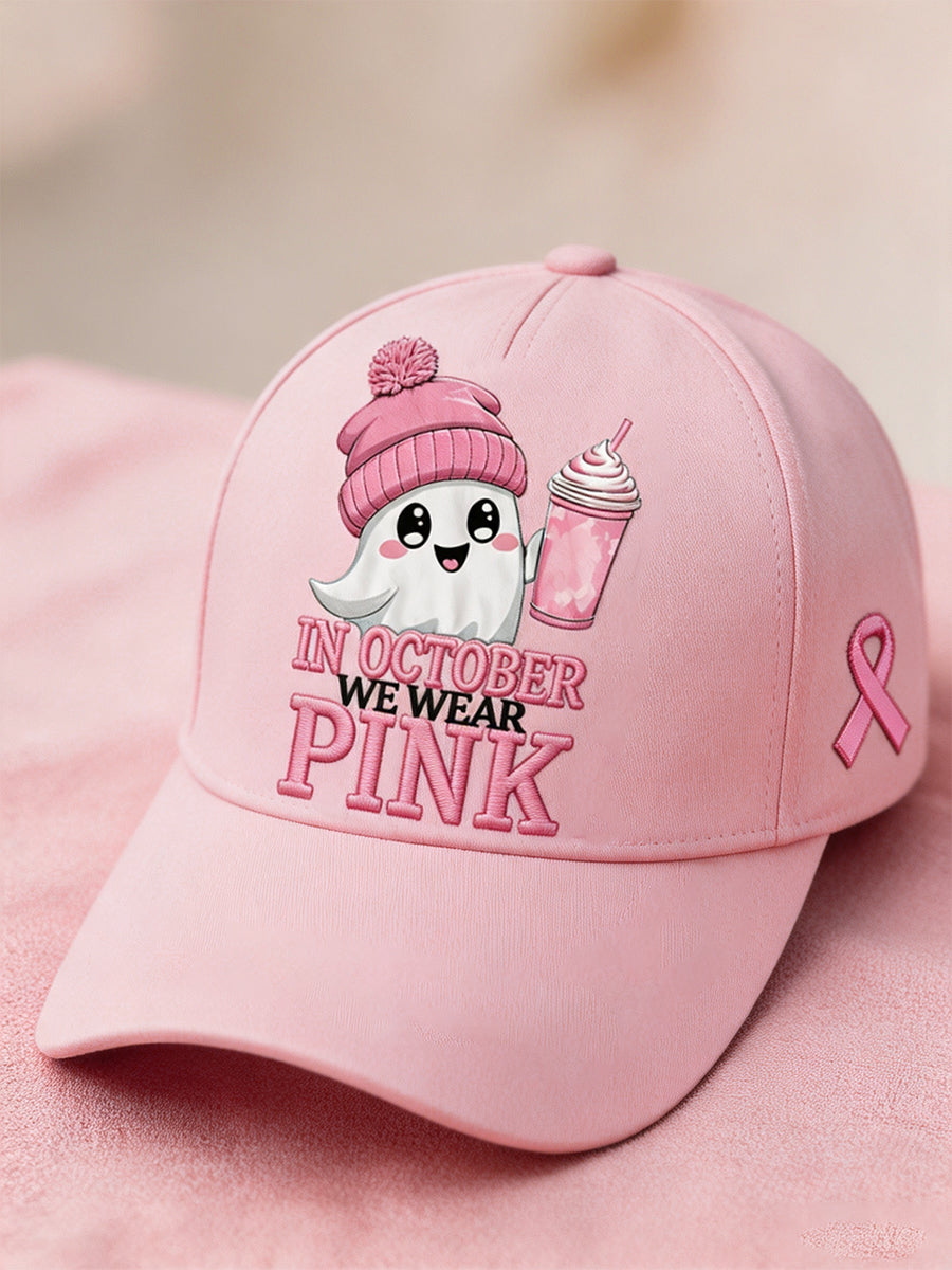 Unisex I oktober bär vi rosa Halloween-keps med prinsessspöke och budskap om bröstcancermedvetenhet