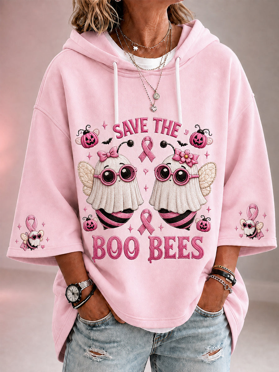 Kvinnors rädda Boo Bees Halloween rosa spöken Bin Skriv ut Bröstcancer medvetenhet Stöd 3/4 ärm Hoodie Support 3/4