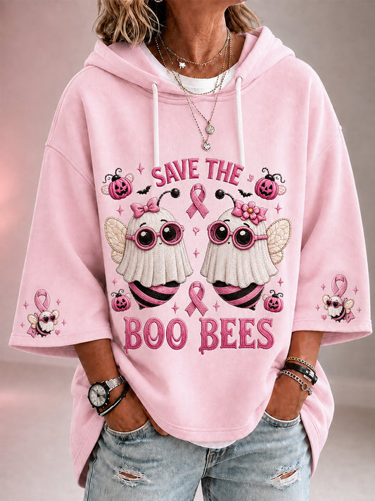 Kvinnors rädda Boo Bees Halloween rosa spöken Bin Skriv ut Bröstcancer medvetenhet Stöd 3/4 ärm Hoodie Support 3/4