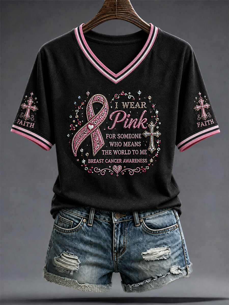 Konstnärlig V-hals T-shirt för bröstcancer Supporters.