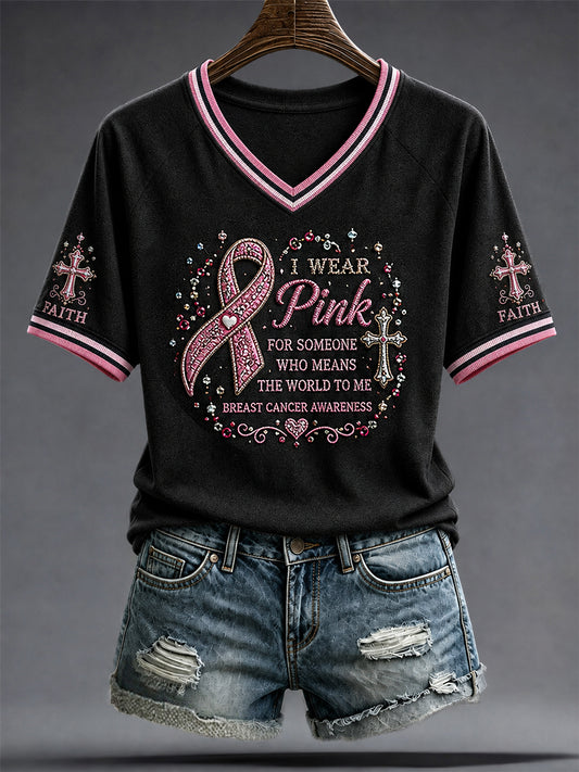 Konstnärlig V-hals T-shirt för bröstcancer Supporters.