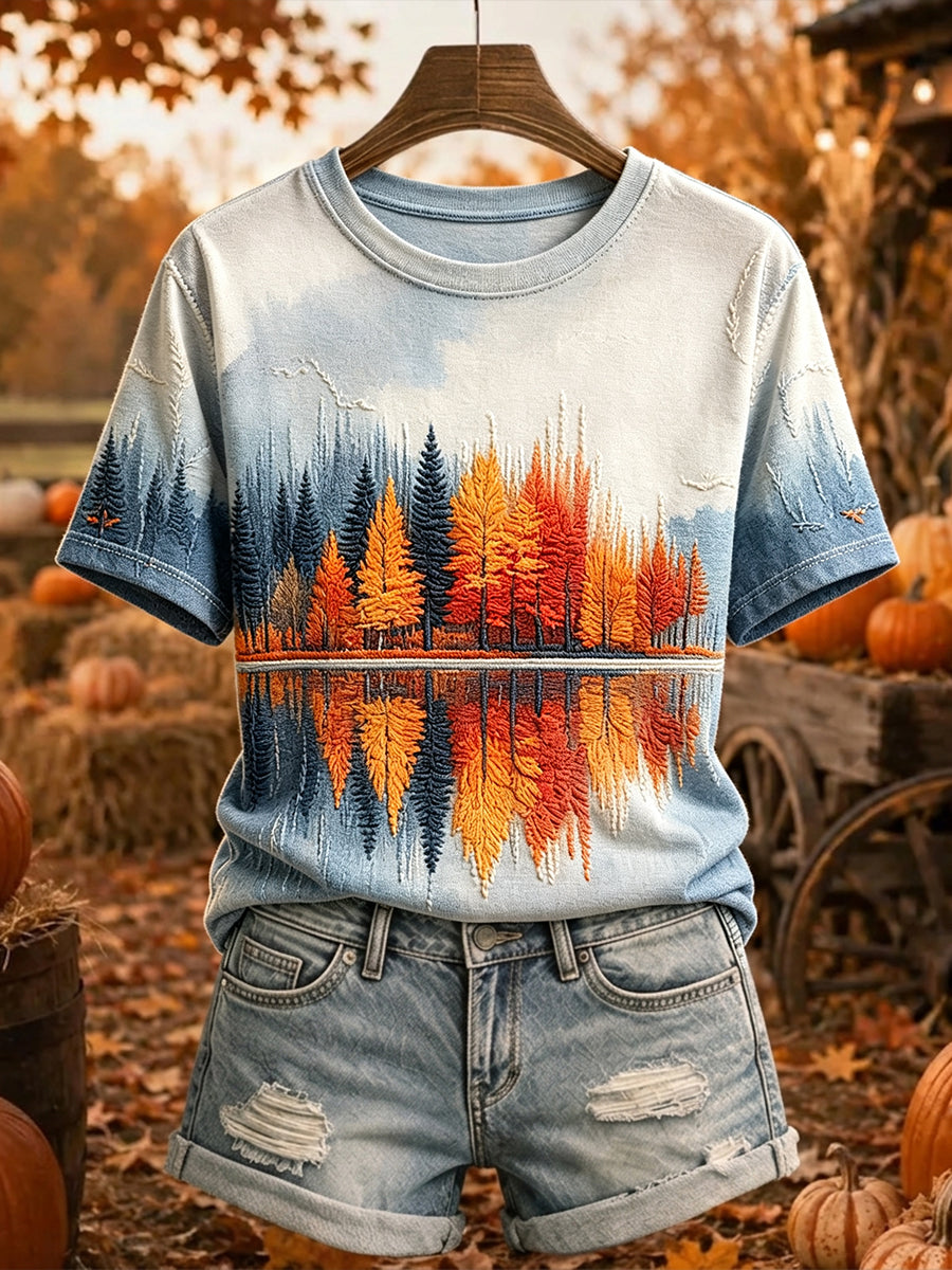 Damvintage mysig t-shirt med höstträdsmönster och korta ärmar