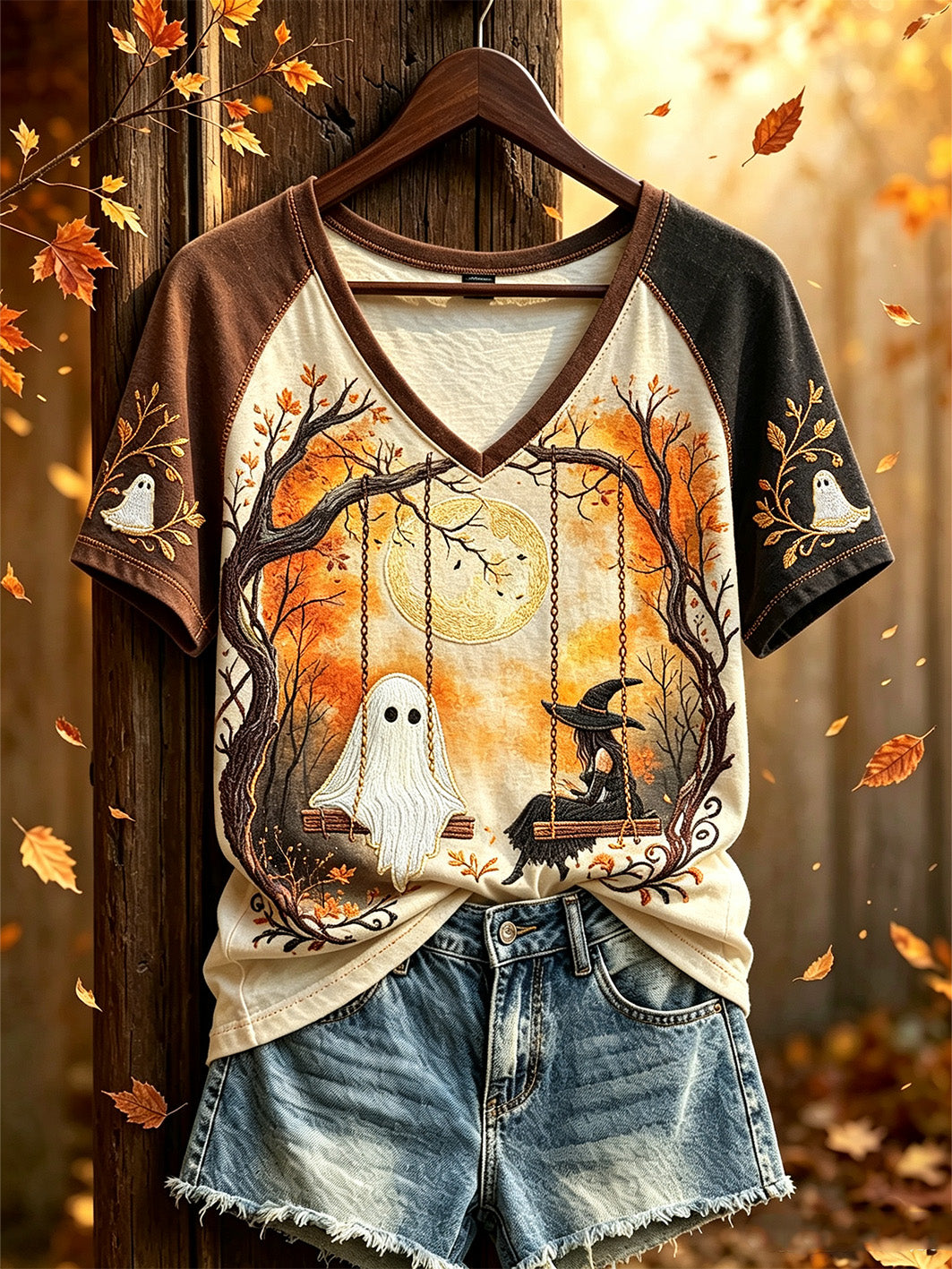 Kvinnlig höstlig t-shirt med Halloween-mönster, tryckt casual kortärmad tröja