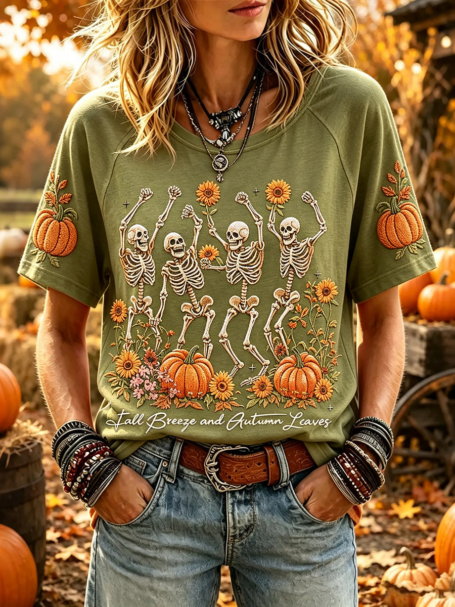 Kvinnors fall Breeze och höst blad Skelett Skriv ut rund hals kort ärm T-shirt