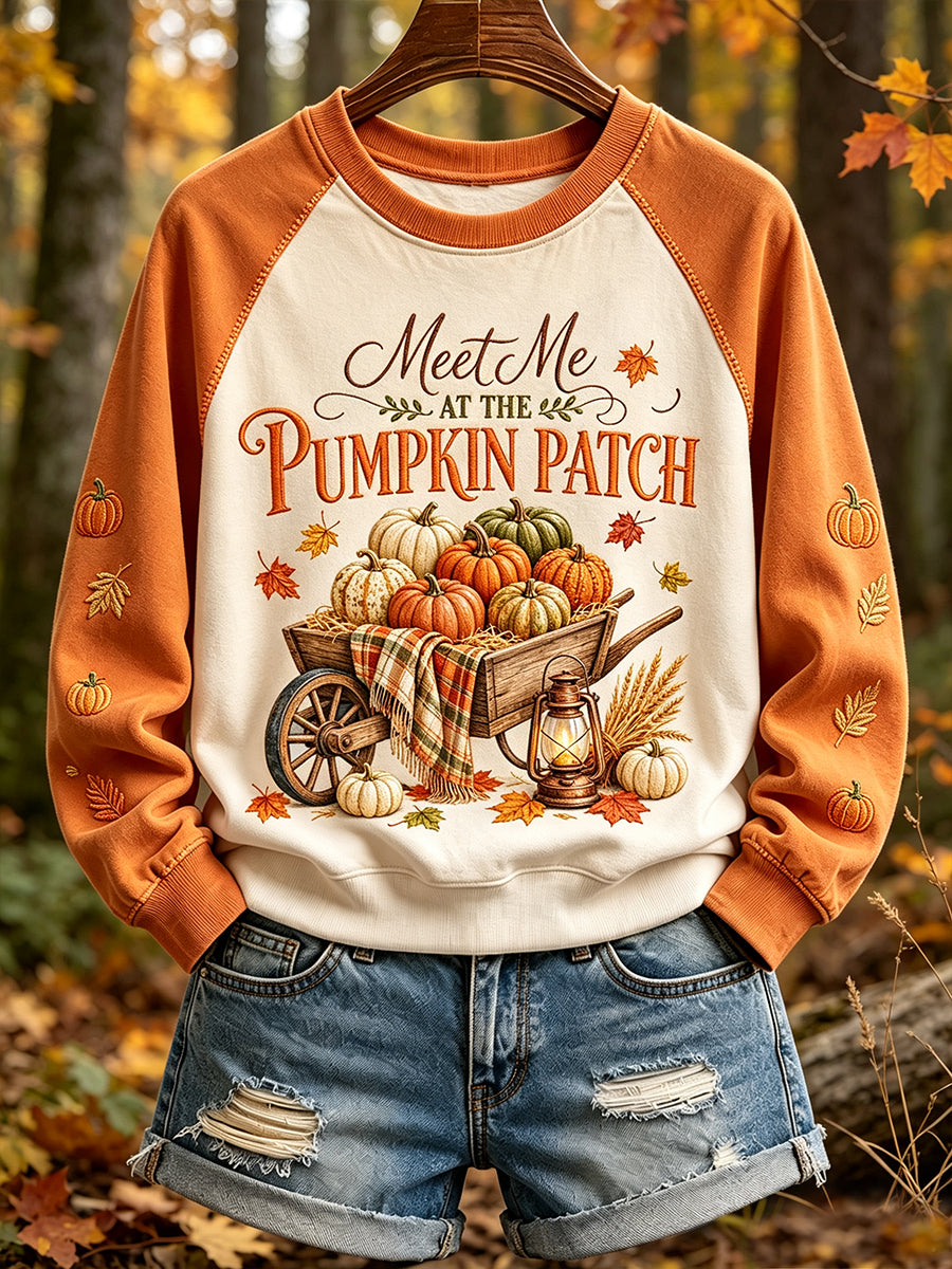 Kvinnors höst pumpa patch utskrift kontrast färg Raglan ärm Sweatshirt