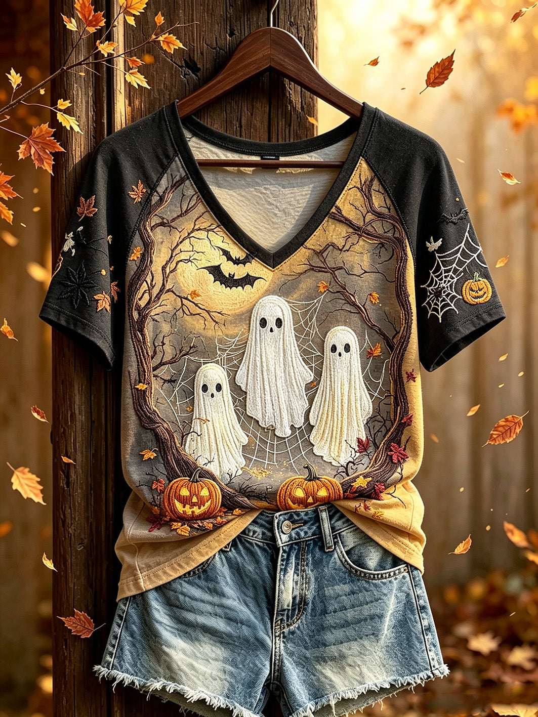 Kvinnlig höstlig t-shirt med Halloween-mönster, tryckt casual kortärmad tröja