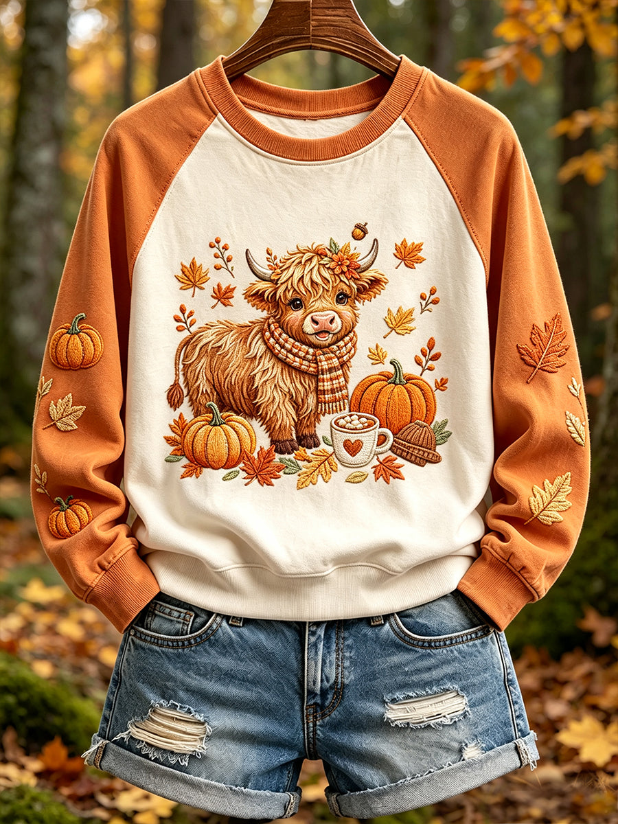 Kvinnors höst högland ko Print kontrast färg Raglan ärm Sweatshirt