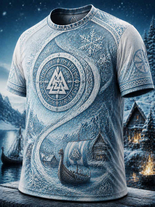 Vintagevinter-T-shirt för män med vikingatryck