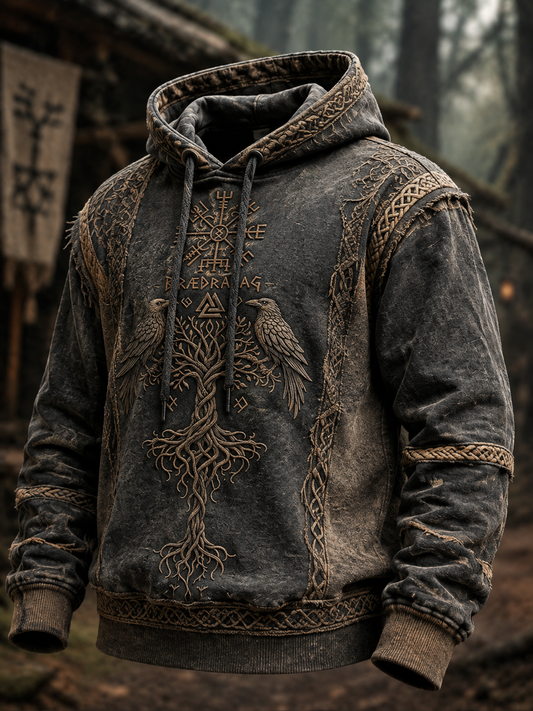 Herrlig retro-vikingavästling med valknut och livsträd – överdimensionerad hoodie