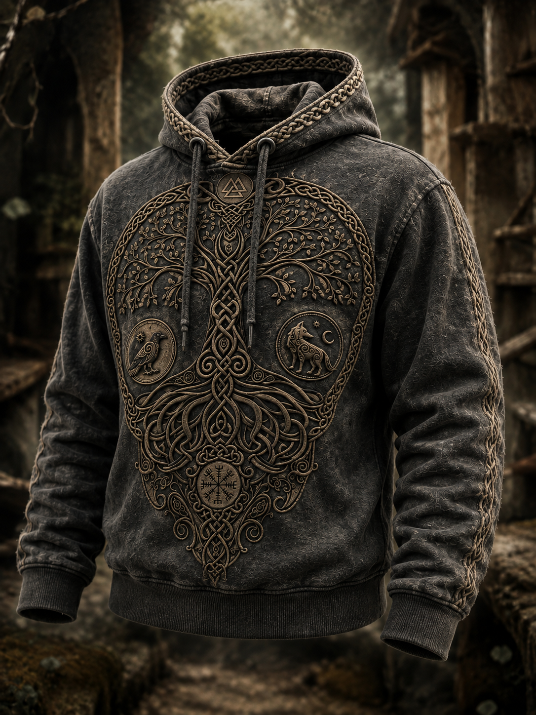 Herrlig retro-vikingavästling med valknut och livsträd – överdimensionerad hoodie