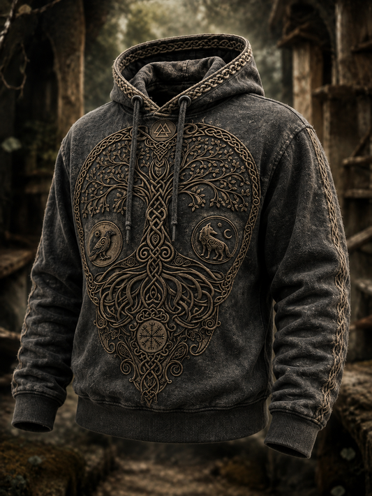 Herrlig retro-vikingavästling med valknut och livsträd – överdimensionerad hoodie