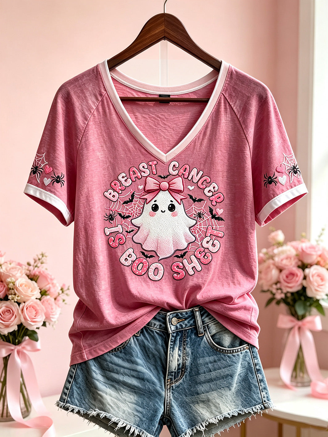Kvinnors bröstcancer Tema Halloween söta Boo Element Mönster Tryckta kort ärm T-shirt