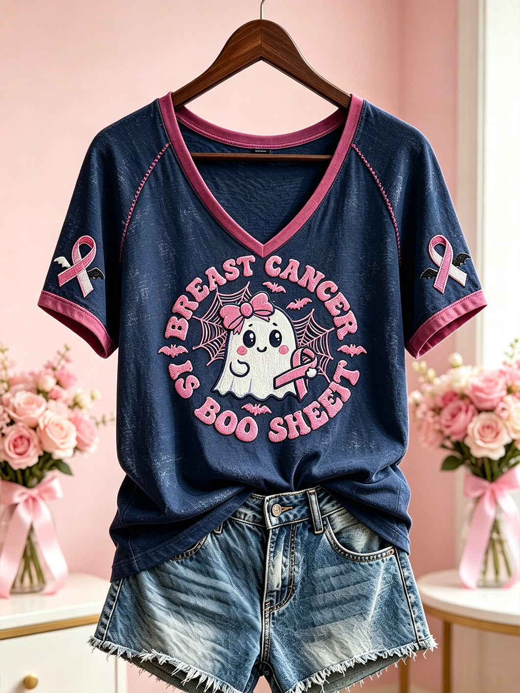 Bröstcancertema för kvinnor Halloween söta Boo-element mönstertryckt avslappnad kortärmad t-shirt