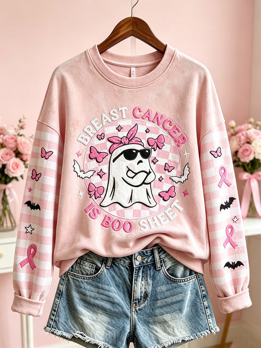 Bröstcancertematisk Halloween-sweatshirt med söt Boo-mönster, tryckt och avslappnad stil