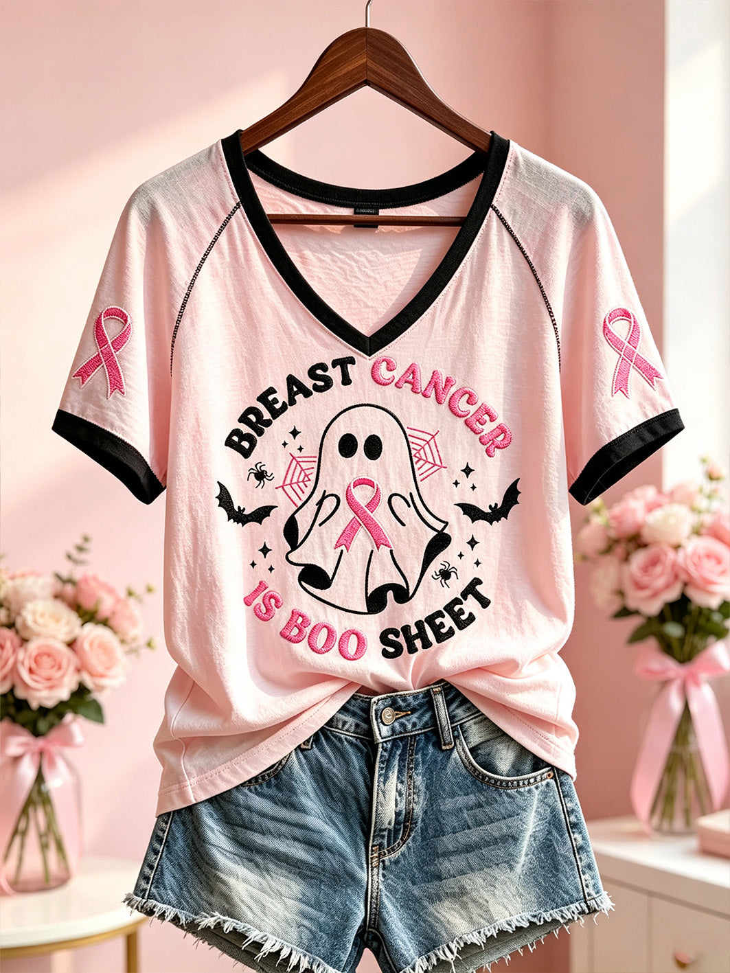 Bröstcancertema för kvinnor Halloween söta Boo-element mönstertryckt avslappnad kortärmad t-shirt