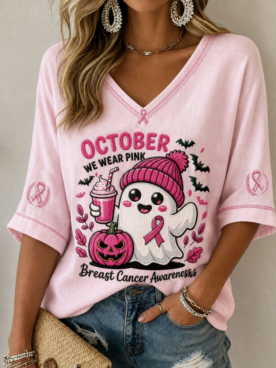 Kvinnors bröstcancer förebyggande medvetenhet Rosa oktober Midt-längd ärmar V-hals T-shirt
