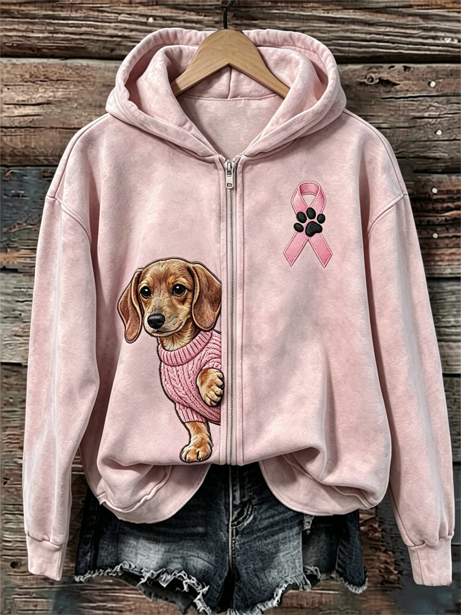 Kvinnors kikande Dachhund hund Pink Ribbon Bröstcancer medvetenhet full Zip Hoodie.