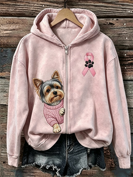 Kvinnors kikande Yorkshire hund Pink Ribbon Bröstcancer medvetenhet full Zip Hoodie.