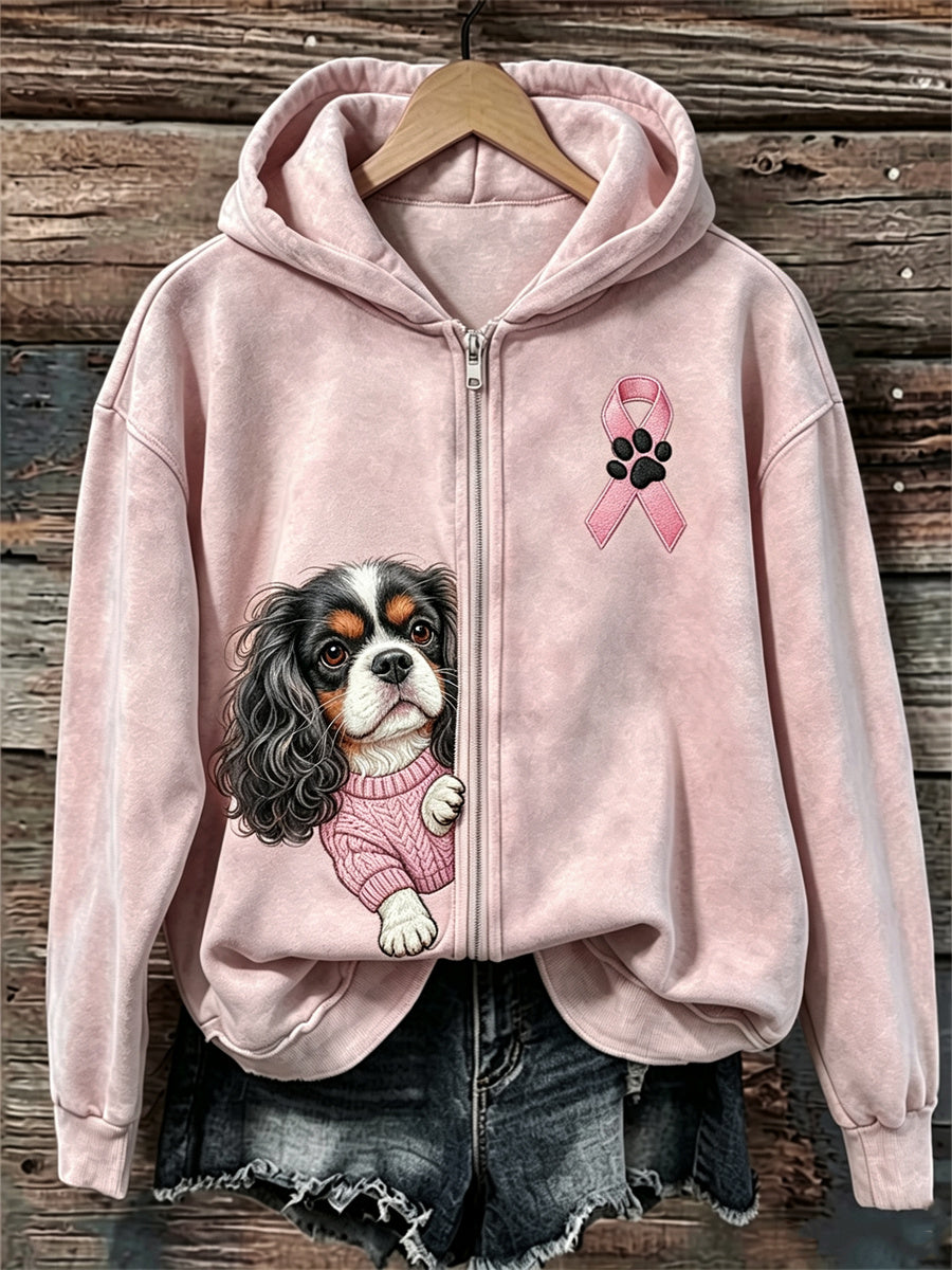Kvinnors kikande kung Charles Dog Pink Ribbon Bröstcancer medvetenhet full Zip Hoodie.