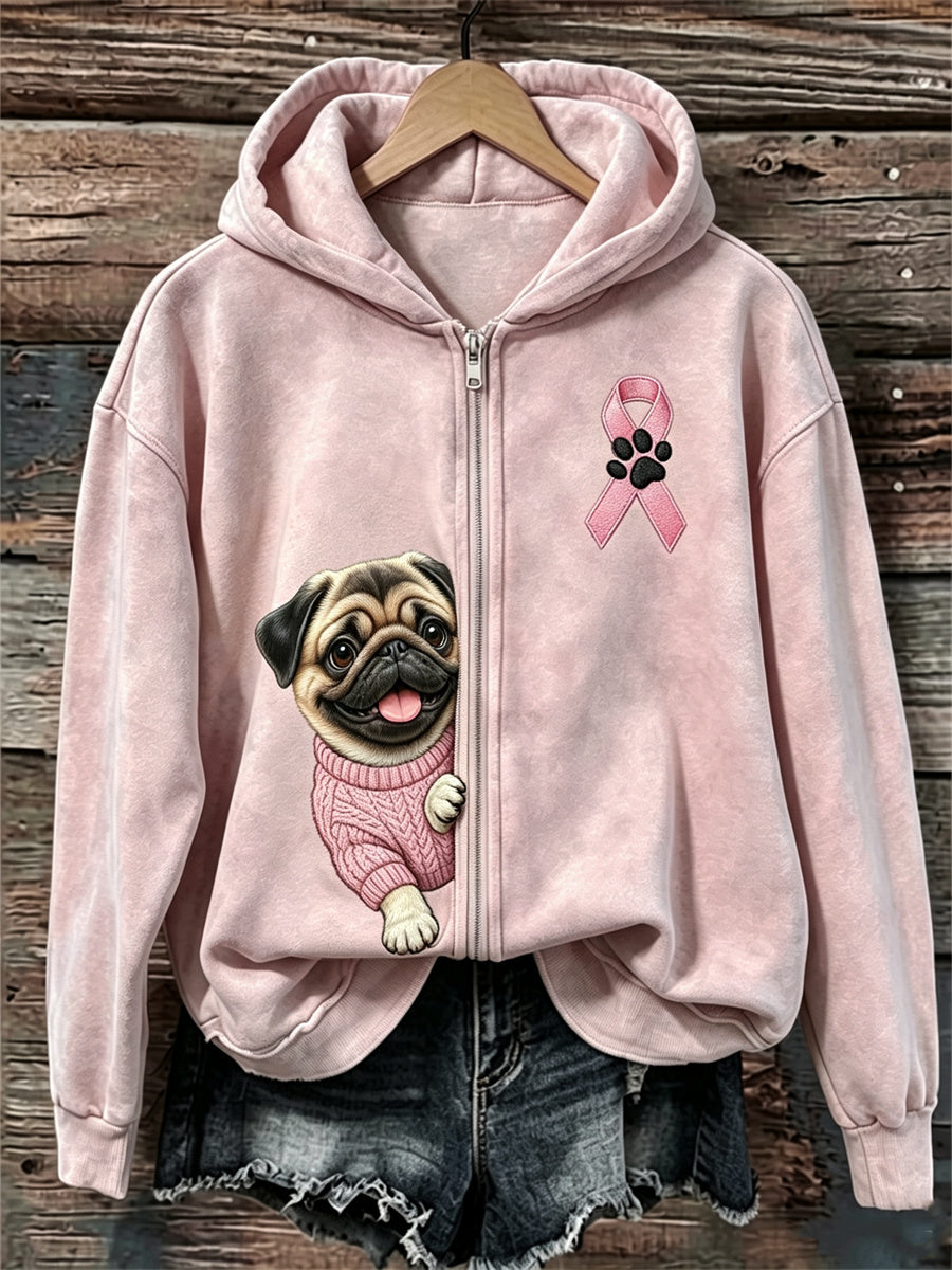 Kvinnors kikande Pug Dog Pink Ribbon Bröstcancer medvetenhet full Zip Hoodie.