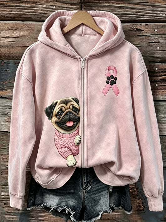 Kvinnors kikande Pug Dog Pink Ribbon Bröstcancer medvetenhet full Zip Hoodie.
