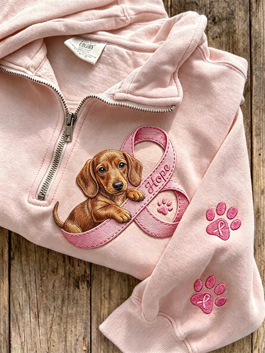 Kvinnors hopp rosa Ribbon Dachhund & Paw Prints Zip Up Sweatshirt