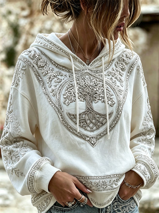 Kvinnlig vintageklassisk vikingtröja med Livets träd och keltiskt knutmönster, mysig hoodie