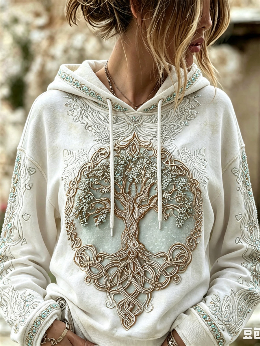 Kvinnlig vintageklassisk vikingtröja med Livets träd och keltiskt knutmönster, mysig hoodie