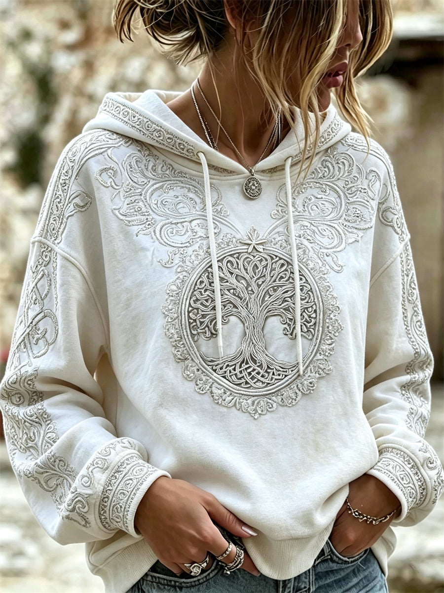 Kvinnlig vintageklassisk vikingtröja med Livets träd och keltiskt knutmönster, mysig hoodie